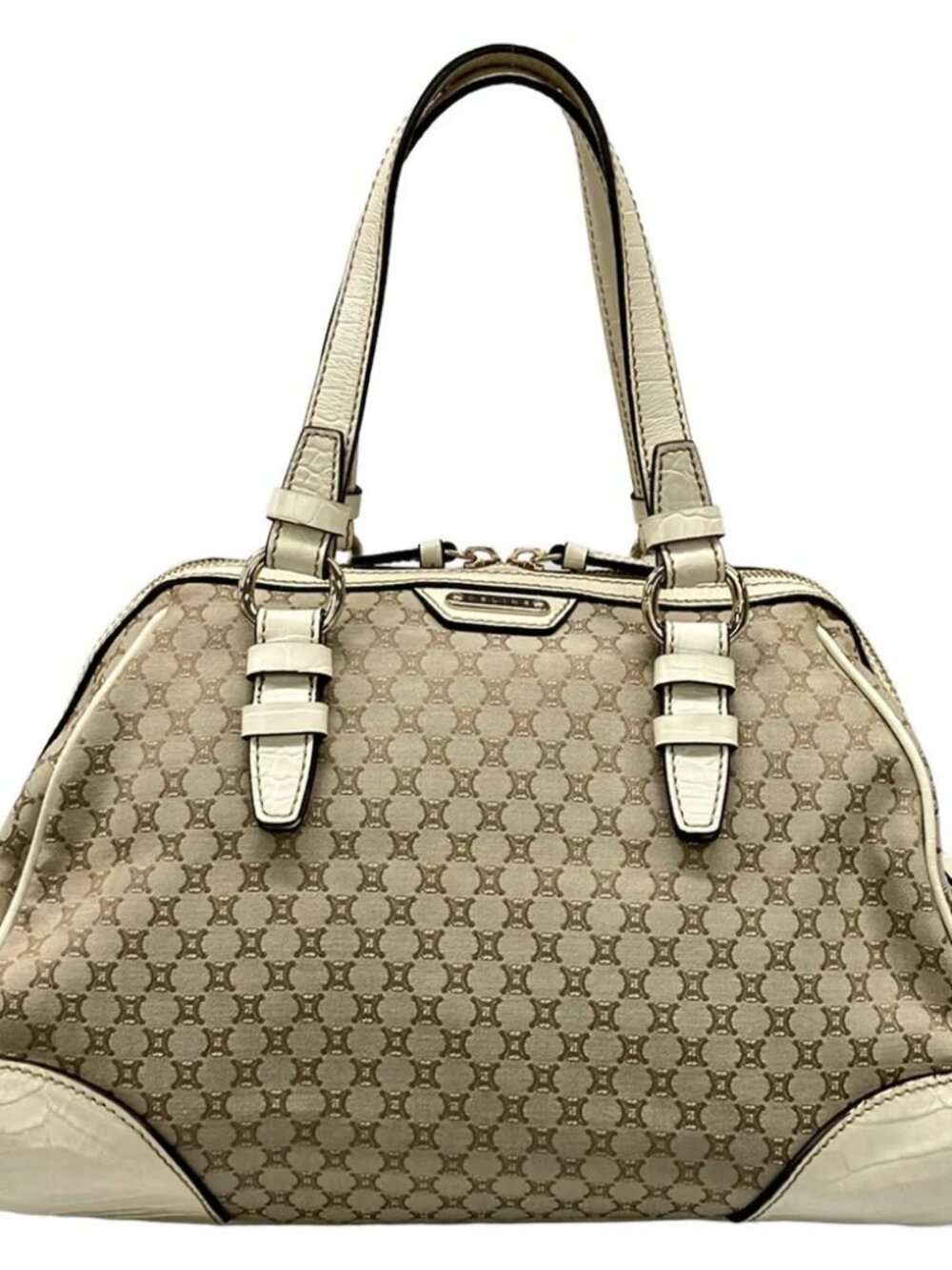 CELINE Macadam Gray Beige Cream Jacquard Leather Handbag